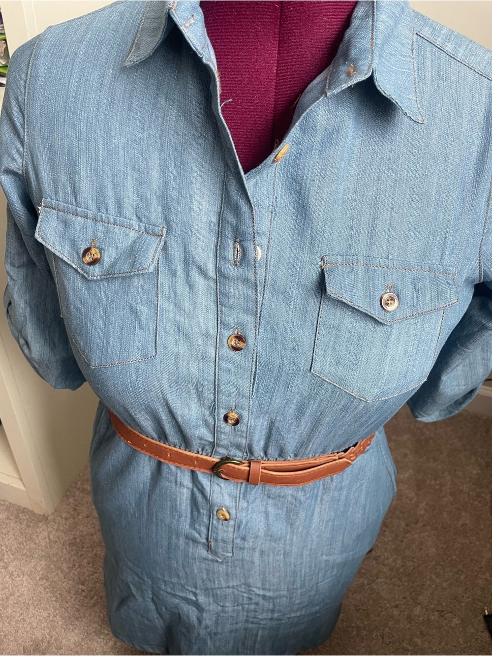 rue21 Light Blue Chambray Shirt Dress with Braided Brown Belt